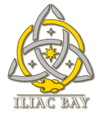 Flat IB Logo with a golden ouroborous and a silver triskelion. Iliac Bay text below